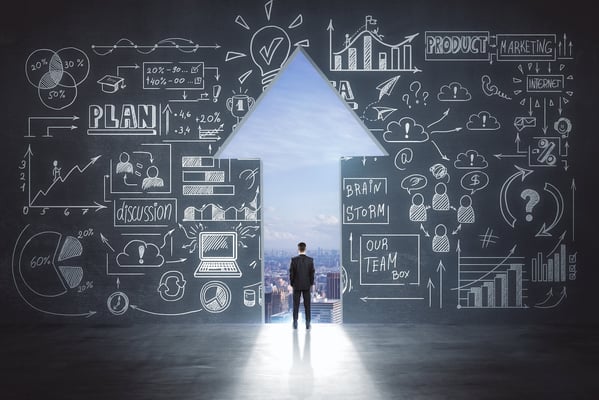 business idea sketch and businessman in arrow exit