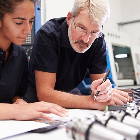 Senior engineer working with younger team member