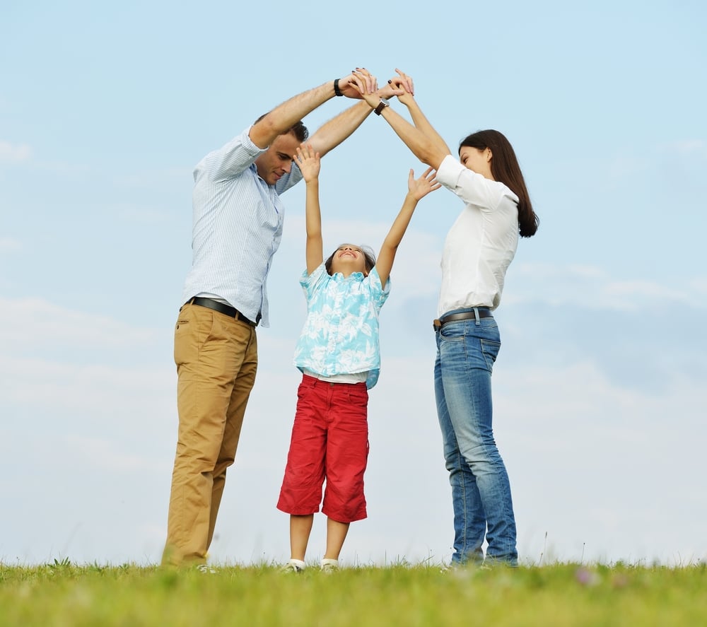 Young family on green summer grass meadow building dream new home-2